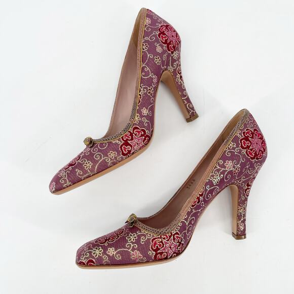 Vintage Prada Plum Gold Brocade Snakeskin Trim Bow Square Toe Heels IT 37.5 - Picture 5 of 13